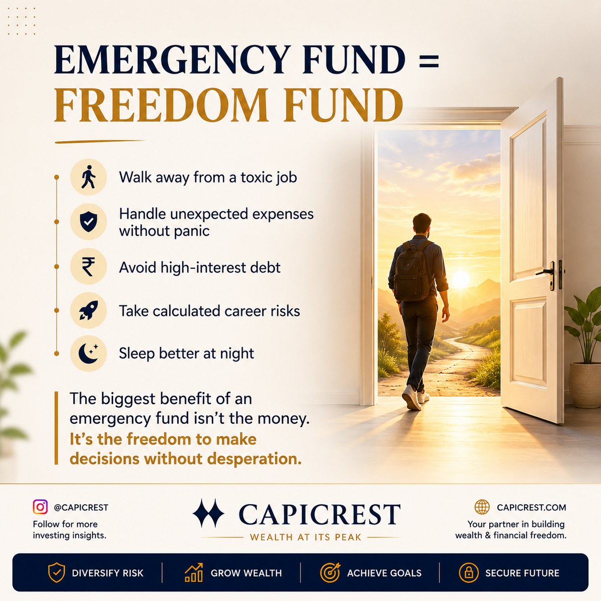 Capicrest educational visual about building financial freedom through an emergency fund